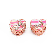 Rack Plating Alloy European Beads, with Crystal Rhinestone & Hot Pink Enamel, Large Hole Beads, Cadmium Free & Nickel Free & Lead Free, Heart, Rose Gold, 10x12x10.5mm, Hole: 5mm(MPDL-N039-184RG)