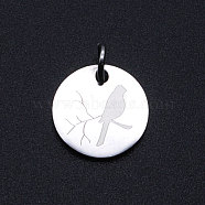 201 Stainless Steel Charms, with Jump Rings, Flat Round with Bird, Stainless Steel Color, 12x1mm, Hole: 3mm(STAS-T049-T674-1)