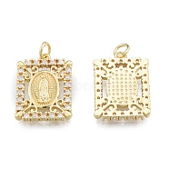 Brass Micro Pave Clear Cubic Zirconia Pendants, with Jump Rings, Rectangle with Saint, Real 18K Gold Plated, 20x15x2mm, Hole: 3mm(KK-G431-10G)