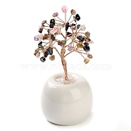 Natural Tourmaline Chips Tree of Life Decorations, Round Porcelain Base with Copper Wire Feng Shui Energy Stone Gift for Home Office Desktop Decoration, 57x113~129mm(DJEW-C016-02H)