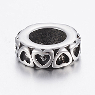 304 Stainless Steel Beads, Large Hole Beads, Donut with Heart, Antique Silver, 10x3.5mm, Hole: 6mm(STAS-H440-145AS)