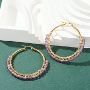 Beaded Hoop Earrings, with Natural Amethyst Beads, Golden Plated 304 Stainless Steel Hoop Earrings and Cardboard Packing Box, 50mm, Pin: 0.6x1mm(X-EJEW-JE03830-02)