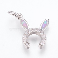 Brass Cubic Zirconia Bunny Pendants, with Synthetic Opal, Rabbit Ears, Platinum, Pearl Pink, 17x15x3mm, Hole: 4mm(ZIRC-G144-07P-02)