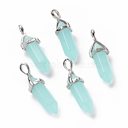 Bullet Glass Pointed Pendants, with Platinum Tone Brass Findings, Lead free and Cadmium Free, Pale Turquoise, 28~29.5x9~9.5x8mm, Hole: 4.5x3mm(GLAA-K058-02P-01)