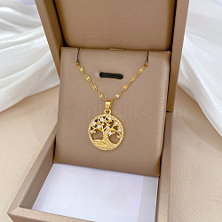 Brass Pave Full Cubic Zirconia Tree Of Life Pendant Necklaces, 201 Stainless Steel Dapped Chain Necklaces for Women, Golden, Clear, 15.83 inch(40.2cm)(NJEW-D309-01G-B)