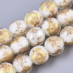Handmade Gold Sand Lampwork Bead Strands, Half Silver Foil & Half Gold Foil, Round, White, 11.5~12.5x11~12mm, Hole: 1.2mm, about 45pcs/Strand, 20.08 inch(FOIL-T003-01H)