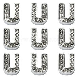 Alloy Initial Slide Charms with Grade A Rhinestones, for Personalized Name Necklaces Making, Lead Free & Nickel Free, Platinum, Letter.U, 12~13x8~13x4~5mm, Hole: 8x2mm(ALRI-R032-U-FF)