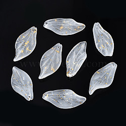 Frosted Transparent Spray Painted Glass Pendants, with Glitter Powder, Leaf, Clear, 30x14x3.5mm, Hole: 1mm(GGLA-S054-016G-01)