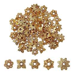 100Pcs 5 Styles Multi-Petal Alloy Bead Caps, Long-Lasting Plated, Cadmium Free & Lead Free, Flower, Real 18K Gold Plated, 6~8x1.5~3mm, Hole: 1.2~1.6mm, 20pcs/style(PALLOY-SZ0001-32)