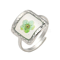 Brass Adjustable Rings for Women, Cadmium Free & Lead Free, with Epoxy Resin & Dried Flower inside, Platinum, Square, 15mm, Inner Diameter: 17mm(RJEW-G265-10P-B01)