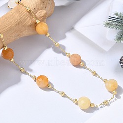 Natural Yellow Aventurine Faceted Flat Round Beaded Chain Necklaces with Matte Brass Beads, 304 Stainless Steel Jewelry for Women, Golden, Long-Lasting Plated, 25.16 inch(63.9cm)(GG-CBA37F5-01G-08)