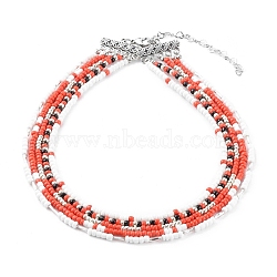 Round Seed Beads Multi-strand Necklaces, Multi Layered Necklaces, with Alloy Chandelier Links, Antique Silver, Red, 13.58 inch(34.5cm)(NJEW-JN03460-02)