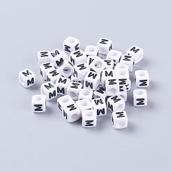 White Letter M Acrylic Cube Beads, Horizontal Hole, Size: about 6mm wide, 6mm long, 6mm high, hole: about 3.2mm, about 300pcs/50g(X-PL37C9308-M)