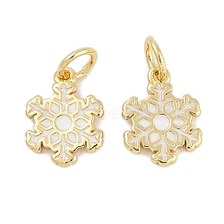 Brass Enamel Charms, with Jump Ring, Long-Lasting Plated, Lead Free & Cadmium Free, Snowflake Charm, Rack Plating, Real 18K Gold Plated, 11.5x8.5x1.5mm, Hole: 3mm(KK-Q028-04G)