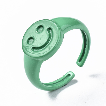 Spray Painted Brass Cuff Rings, Open Rings, Smiling Face, Medium Aquamarine, US Size 7 1/4(17.5mm)