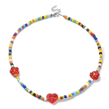 Flower & Heart Lampwork & Glass Seed Beaded Necklaces, Colorful, 16.73 inch(42.5cm)