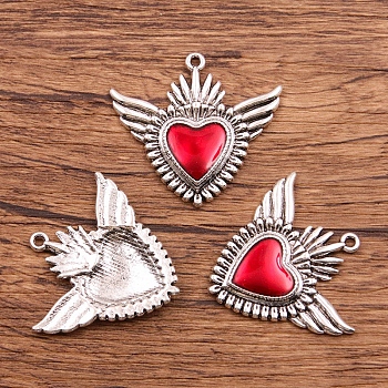 Alloy Enamel Pendants, Antique Silver, Heart with Wing Charm, Red, 36x39mm