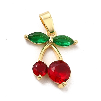 Brass Cubic Zirconia Pendants, with Glass Rhinestone, Cherry Charm, Real 18K Gold Plated, 16x14x3.5mm, Hole: 4.5x2.5mm