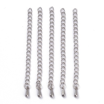 Stainless Steel Chain Extender, Teardrop Charms, Stainless Steel Color, 59x3mm, Hole: 2mm