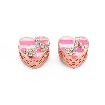Rack Plating Alloy European Beads, with Crystal Rhinestone & Hot Pink Enamel, Large Hole Beads, Cadmium Free & Nickel Free & Lead Free, Heart, Rose Gold, 10x12x10.5mm, Hole: 5mm