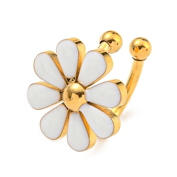 304 Stainless Steel Enamel Cuff Earrings for Women, Small Daisy, White, Real 18K Gold Plated, 11mm