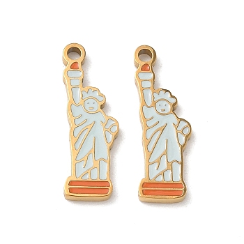 Independence Day 304 Stainless Steel Enamel Pendants, Statue of Liberty Shape Charms, Ion Plating(IP), Golden, 20.5x6.5x1.5mm, Hole: 1.5mm