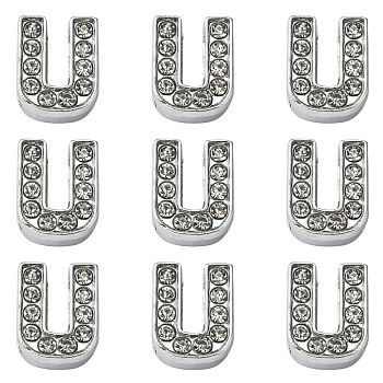 Alloy Initial Slide Charms with Grade A Rhinestones, Lead Free & Nickel Free, Platinum, Letter.U, 12~13x8~13x4~5mm, Hole: 8x2mm