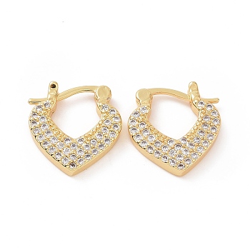 Cubic Zirconia Heart Hoop Earrings, Real 18K Gold Plated Brass Jewelry for Women, Clear, 15x16x3mm, Pin: 13.5x0.8~1.1mm