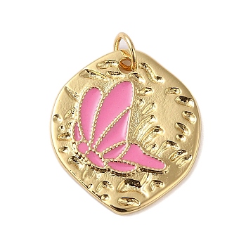 Rack Plating Brass Enamel Pendants, with Jump Ring, Cadmium Free & Lead Free, Real 18K Gold Plated, Irregular with Butterfly Charm, Pink, 21.5x19x2mm, Hole: 3.4mm