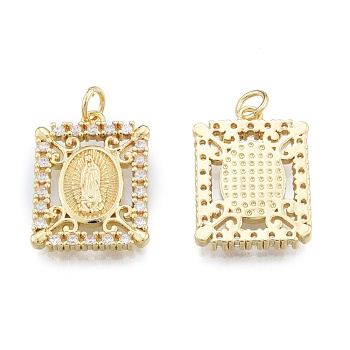Brass Micro Pave Clear Cubic Zirconia Pendants, with Jump Rings, Rectangle with Saint, Real 18K Gold Plated, 20x15x2mm, Hole: 3mm
