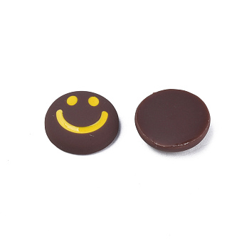 Acrylic Enamel Cabochons, Flat Round with Smiling Face Pattern, Coconut Brown, 20x6.5mm