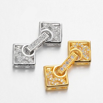 Rhombus Brass Micro Pave Cubic Zirconia Fold Over Clasps, Lead Free & Nickel Free, Mixed Color, 26x12.5x4.5mm, Hole: 1x3mm