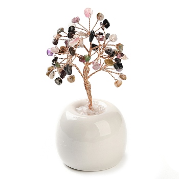 Natural Tourmaline Chips Tree of Life Decorations, Round Porcelain Base with Copper Wire Feng Shui Energy Stone Gift for Home Office Desktop Decoration, 57x113~129mm