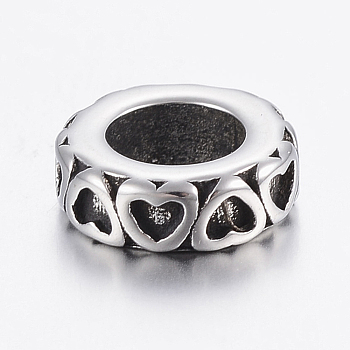 304 Stainless Steel Beads, Large Hole Beads, Donut with Heart, Antique Silver, 10x3.5mm, Hole: 6mm