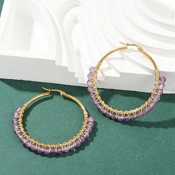 Beaded Hoop Earrings, with Natural Amethyst Beads, Golden Plated 304 Stainless Steel Hoop Earrings and Cardboard Packing Box, 50mm, Pin: 0.6x1mm