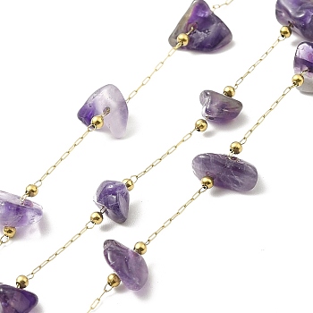 Ion Plating(IP) 316 Surgical Stainless Steel Paperclip Chains, with Natural Amethyst Nuggets Beads, Soldered, Real 18K Gold Plated, with Spool, 2.5x1x0.5mm