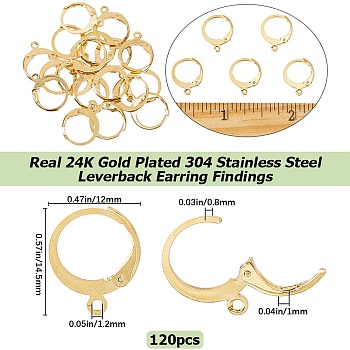 304 Stainless Steel Leverback Earring Findings, with Horizontal Loop, Real 24K Gold Plated, 14.5x12mm, Hole: 1.2mm, Pin: 0.8x1mm, 120Pcs/box