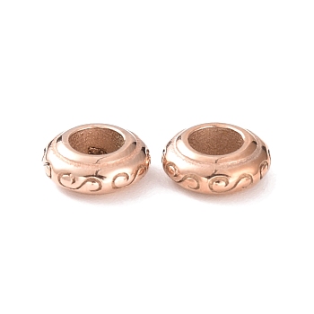 Ion Plating(IP) 304 Stainless Steel European Beads, Large Hole Beads, Rondelle with Floral Pattern, Rose Gold, 9x3.5mm, Hole: 4mm