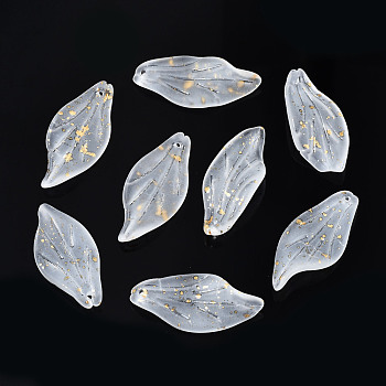 Frosted Transparent Spray Painted Glass Pendants, with Glitter Powder, Leaf, Clear, 30x14x3.5mm, Hole: 1mm