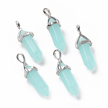 Bullet Glass Pointed Pendants, with Platinum Tone Brass Findings, Lead free and Cadmium Free, Pale Turquoise, 28~29.5x9~9.5x8mm, Hole: 4.5x3mm