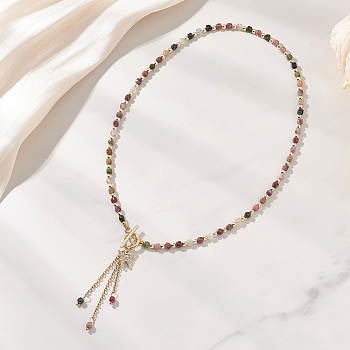Natural Multicolor Tourmaline Faceted Cube Beaded Brass Micro Pave Clear Cubic Zirconia Butterfly Pendant OT Lariat Necklaces for Women, Golden, 17.99 inch(45.7cm)