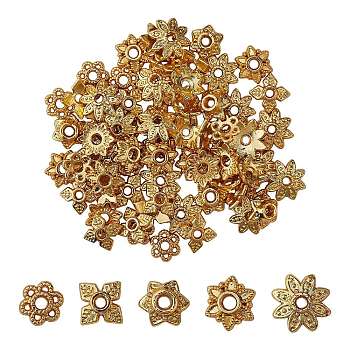 100Pcs 5 Styles Multi-Petal Alloy Bead Caps, Long-Lasting Plated, Cadmium Free & Lead Free, Flower, Real 18K Gold Plated, 6~8x1.5~3mm, Hole: 1.2~1.6mm, 20pcs/style