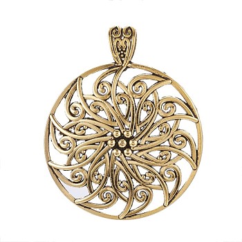 Alloy Big Pendants, Flat Round with Flower Pattern, Antique Golden, 64x52x4mm, Hole: 5x10mm