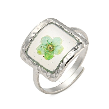 Brass Adjustable Rings for Women, Cadmium Free & Lead Free, with Epoxy Resin & Dried Flower inside, Platinum, Square, 15mm, Inner Diameter: 17mm