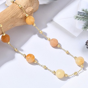 Natural Yellow Aventurine Faceted Flat Round Beaded Chain Necklaces with Matte Brass Beads, 304 Stainless Steel Jewelry for Women, Golden, Long-Lasting Plated, 25.16 inch(63.9cm)