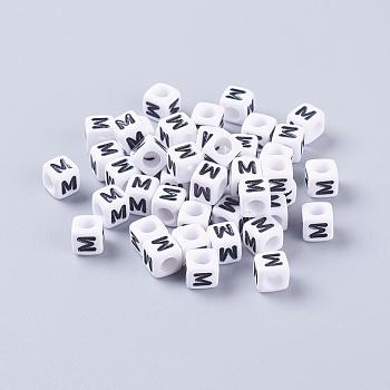 White Letter M Acrylic Cube Beads, Horizontal Hole, Size: about 6mm wide, 6mm long, 6mm high, hole: about 3.2mm, about 300pcs/50g