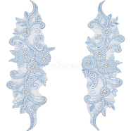 Sew on Flower Appliques, with Resin & Rhinestone, Polyester Embroidery Appliques, Sewing Craft Decoration, Light Sky Blue, 360x125x1.3~5.5mm(PATC-WH0005-42C)