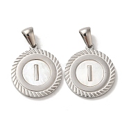 304 Stainless Steel Pendants, Flat Round Shell Charms with Letter, Stainless Steel Color, Letter I, 20.5x17.5x1.5mm, Hole: 2.5x4.5mm(STAS-I204-I-P)