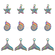 DICOSMETIC 12Pcs 3 Style Ion Plating(IP) 304 Stainless Steel Pendants, Starfish & Conch & Fishtail, Rainbow Color, 19~26x15~25x3~4mm, Hole: 1~2.5mm, 4pcs/style(STAS-DC0006-46)