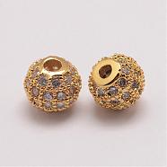 Brass Micro Pave Cubic Zirconia Beads, Round, Golden, 6x5.5mm, Hole: 2mm(ZIRC-E110-03G)